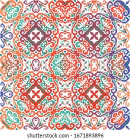 Decorative color ceramic talavera tiles. Bathroom design. Vector seamless pattern illustration. Red folk ethnic ornament for print, web background, surface texture, towels, pillows, wallpaper.