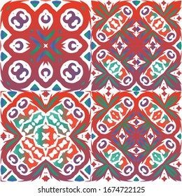 Decorative color ceramic talavera tiles. Kit of vector seamless patterns. Creative design. Red folk ethnic ornaments for print, web background, surface texture, towels, pillows, wallpaper.