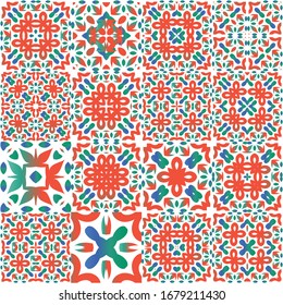 Decorative color ceramic talavera tiles. Modern design. Kit of vector seamless patterns. Red folk ethnic ornaments for print, web background, surface texture, towels, pillows, wallpaper.
