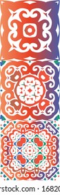 Decorative color ceramic talavera tiles. Collection of vector seamless patterns. Stylish design. Red folk ethnic ornaments for print, web background, surface texture, towels, pillows, wallpaper.