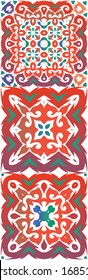 Decorative color ceramic talavera tiles. Kit of vector seamless patterns. Kitchen design. Red folk ethnic ornaments for print, web background, surface texture, towels, pillows, wallpaper.