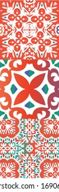 Decorative color ceramic talavera tiles. Graphic design. Kit of vector seamless patterns. Red folk ethnic ornaments for print, web background, surface texture, towels, pillows, wallpaper.