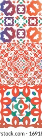 Decorative color ceramic talavera tiles. Fashionable design. Collection of vector seamless patterns. Red folk ethnic ornaments for print, web background, surface texture, towels, pillows, wallpaper.