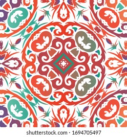 Decorative color ceramic talavera tiles. Vector seamless pattern texture. Minimal design. Red folk ethnic ornament for print, web background, surface texture, towels, pillows, wallpaper.