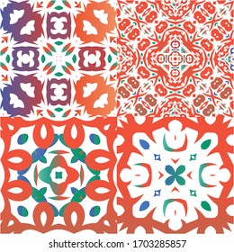 Decorative color ceramic talavera tiles. Collection of vector seamless patterns. Colored design. Red folk ethnic ornaments for print, web background, surface texture, towels, pillows, wallpaper.