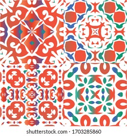 Decorative color ceramic talavera tiles. Set of vector seamless patterns. Minimal design. Red folk ethnic ornaments for print, web background, surface texture, towels, pillows, wallpaper.