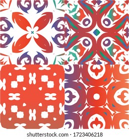 Decorative color ceramic talavera tiles. Original design. Collection of vector seamless patterns. Red folk ethnic ornaments for print, web background, surface texture, towels, pillows, wallpaper.