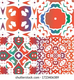 Decorative color ceramic talavera tiles. Collection of vector seamless patterns. Geometric design. Red folk ethnic ornaments for print, web background, surface texture, towels, pillows, wallpaper.