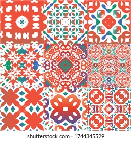 Decorative color ceramic talavera tiles. Kit of vector seamless patterns. Colored design. Red folk ethnic ornaments for print, web background, surface texture, towels, pillows, wallpaper.