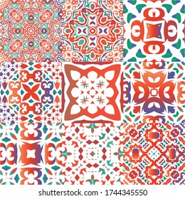 Decorative color ceramic talavera tiles. Original design. Kit of vector seamless patterns. Red folk ethnic ornaments for print, web background, surface texture, towels, pillows, wallpaper.