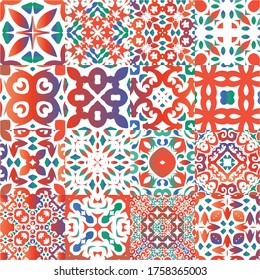 Decorative color ceramic talavera tiles. Set of vector seamless patterns. Hand drawn design. Red folk ethnic ornaments for print, web background, surface texture, towels, pillows, wallpaper.