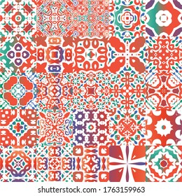 Decorative color ceramic talavera tiles. Kit of vector seamless patterns. Universal design. Red folk ethnic ornaments for print, web background, surface texture, towels, pillows, wallpaper.