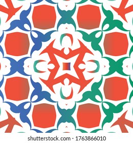 Decorative color ceramic talavera tiles. Universal design. Vector seamless pattern template. Red folk ethnic ornament for print, web background, surface texture, towels, pillows, wallpaper.