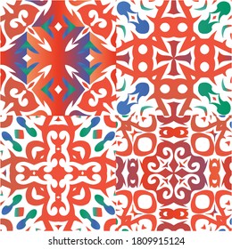Decorative color ceramic talavera tiles. Collection of vector seamless patterns. Universal design. Red folk ethnic ornaments for print, web background, surface texture, towels, pillows, wallpaper.