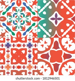 Decorative color ceramic talavera tiles. Stylish design. Kit of vector seamless patterns. Red folk ethnic ornaments for print, web background, surface texture, towels, pillows, wallpaper.