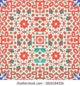 Decorative color ceramic talavera tiles. Bathroom design. Vector seamless pattern frame. Red folk ethnic ornament for print, web background, surface texture, towels, pillows, wallpaper.