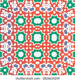 Decorative color ceramic talavera tiles. Vector seamless pattern collage. Bathroom design. Red folk ethnic ornament for print, web background, surface texture, towels, pillows, wallpaper.