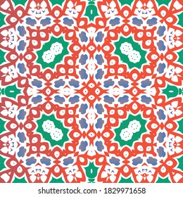 Decorative color ceramic talavera tiles. Vector seamless pattern collage. Bathroom design. Red folk ethnic ornament for print, web background, surface texture, towels, pillows, wallpaper.