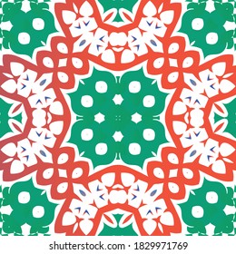 Decorative color ceramic talavera tiles. Vector seamless pattern collage. Bathroom design. Red folk ethnic ornament for print, web background, surface texture, towels, pillows, wallpaper.