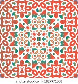 Decorative color ceramic talavera tiles. Bathroom design. Vector seamless pattern frame. Red folk ethnic ornament for print, web background, surface texture, towels, pillows, wallpaper.