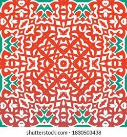Decorative color ceramic talavera tiles. Vector seamless pattern frame. Fashionable design. Red folk ethnic ornament for print, web background, surface texture, towels, pillows, wallpaper.