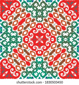 Decorative color ceramic talavera tiles. Colored design. Vector seamless pattern concept. Red folk ethnic ornament for print, web background, surface texture, towels, pillows, wallpaper.