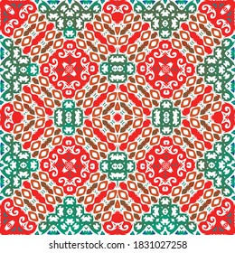 Decorative color ceramic talavera tiles. Colored design. Vector seamless pattern concept. Red folk ethnic ornament for print, web background, surface texture, towels, pillows, wallpaper.