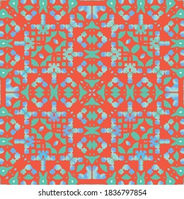 Decorative color ceramic talavera tiles. Geometric design. Vector seamless pattern watercolor. Red folk ethnic ornament for print, web background, surface texture, towels, pillows, wallpaper.