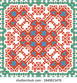Decorative color ceramic talavera tiles. Collection of vector seamless patterns. Geometric design. Red folk ethnic ornaments for print, web background, surface texture, towels, pillows, wallpaper.