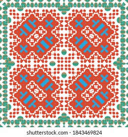 Decorative color ceramic talavera tiles. Collection of vector seamless patterns. Geometric design. Red folk ethnic ornaments for print, web background, surface texture, towels, pillows, wallpaper.