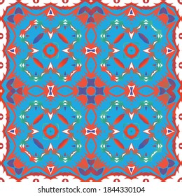 Decorative color ceramic talavera tiles. Minimal design. Vector seamless pattern collage. Red folk ethnic ornament for print, web background, surface texture, towels, pillows, wallpaper.