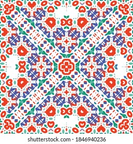 Decorative color ceramic talavera tiles. Bathroom design. Vector seamless pattern collage. Red folk ethnic ornament for print, web background, surface texture, towels, pillows, wallpaper.