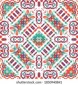 Decorative color ceramic talavera tiles. Minimal design. Vector seamless pattern collage. Red folk ethnic ornament for print, web background, surface texture, towels, pillows, wallpaper.