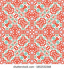 Decorative color ceramic talavera tiles. Collection of vector seamless patterns. Geometric design. Red folk ethnic ornaments for print, web background, surface texture, towels, pillows, wallpaper.