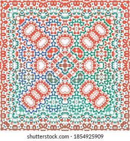 Decorative color ceramic talavera tiles. Original design. Vector seamless pattern texture. Red folk ethnic ornament for print, web background, surface texture, towels, pillows, wallpaper.