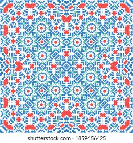Decorative color ceramic talavera tiles. Collection of vector seamless patterns. Geometric design. Red folk ethnic ornaments for print, web background, surface texture, towels, pillows, wallpaper.