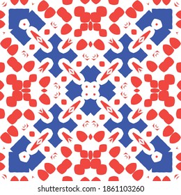 Decorative color ceramic talavera tiles. Collection of vector seamless patterns. Geometric design. Red folk ethnic ornaments for print, web background, surface texture, towels, pillows, wallpaper.