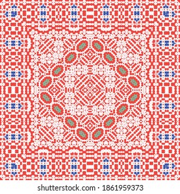 Decorative color ceramic talavera tiles. Collection of vector seamless patterns. Geometric design. Red folk ethnic ornaments for print, web background, surface texture, towels, pillows, wallpaper.