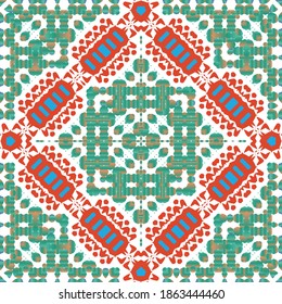 Decorative color ceramic talavera tiles. Collection of vector seamless patterns. Geometric design. Red folk ethnic ornaments for print, web background, surface texture, towels, pillows, wallpaper.