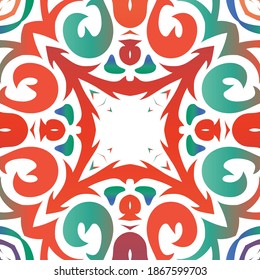 Decorative color ceramic talavera tiles. Graphic design. Vector seamless pattern watercolor. Red folk ethnic ornament for print, web background, surface texture, towels, pillows, wallpaper.