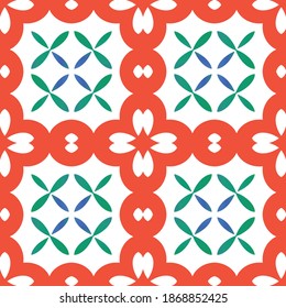 Decorative color ceramic talavera tiles. Hand drawn design. Vector seamless pattern trellis. Red folk ethnic ornament for print, web background, surface texture, towels, pillows, wallpaper.