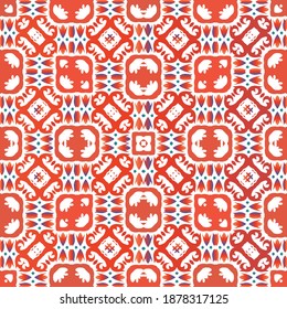 Decorative color ceramic talavera tiles. Vector seamless pattern poster. Hand drawn design. Red folk ethnic ornament for print, web background, surface texture, towels, pillows, wallpaper.