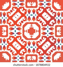 Decorative color ceramic talavera tiles. Vector seamless pattern poster. Hand drawn design. Red folk ethnic ornament for print, web background, surface texture, towels, pillows, wallpaper.