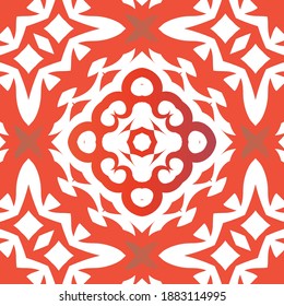 Decorative color ceramic talavera tiles. Fashionable design. Vector seamless pattern concept. Red folk ethnic ornament for print, web background, surface texture, towels, pillows, wallpaper.