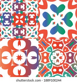 Decorative color ceramic talavera tiles. Colored design. Set of vector seamless patterns. Red folk ethnic ornaments for print, web background, surface texture, towels, pillows, wallpaper.