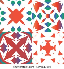 Decorative color ceramic talavera tiles. Hand drawn design. Set of vector seamless patterns. Red folk ethnic ornaments for print, web background, surface texture, towels, pillows, wallpaper.