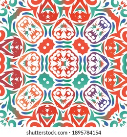 Decorative color ceramic talavera tiles. Colored design. Vector seamless pattern flyer. Red folk ethnic ornament for print, web background, surface texture, towels, pillows, wallpaper.