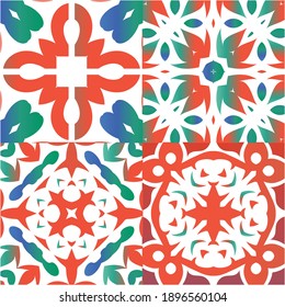 Decorative color ceramic talavera tiles. Hand drawn design. Kit of vector seamless patterns. Red folk ethnic ornaments for print, web background, surface texture, towels, pillows, wallpaper.
