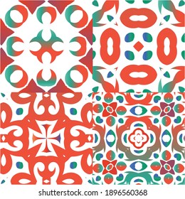 Decorative color ceramic talavera tiles. Collection of vector seamless patterns. Minimal design. Red folk ethnic ornaments for print, web background, surface texture, towels, pillows, wallpaper.