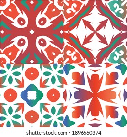 Decorative color ceramic talavera tiles. Collection of vector seamless patterns. Bathroom design. Red folk ethnic ornaments for print, web background, surface texture, towels, pillows, wallpaper.
